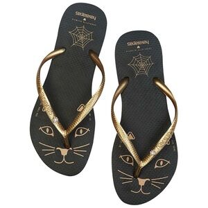NWT Charlotte Olympia X Havaianas Kitty Cat Face Thong Flip Flop Sandal Black 11